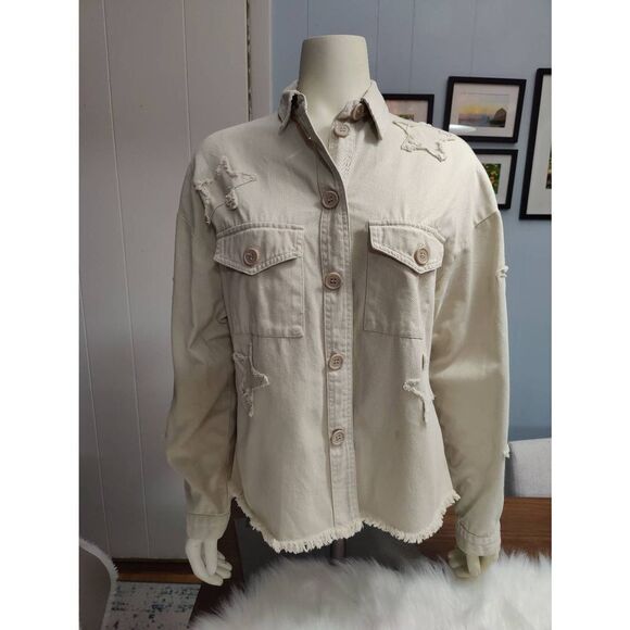 Holiday Canvas 3/4 Sleeves Button-Up Shirt/ Jacket with Star Embellishments - Picture 1 of 6